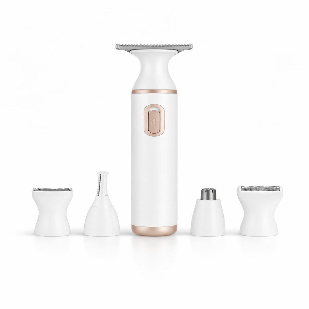 NinthAvenue Basics 5-in-1 Womens Electric Trimmer  Safe for Sensitive Skin, Waterproof, Rechargeable Hair Remover with and Multiple Attachments