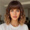 Ombre Brown Wig with Bangs for Women 12inch Short Brown Blonde Bob Wavy Curly Hair Wigs Heat Resistant Hair Replacement Wigs for Daily Use Cosplay Costume Halloween view 1