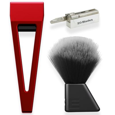 HYPE X1 Aluminum Single Edge Safety Razor | Super Lather Set - Magnetic Comfort(C) Shave Setting - 20 Non-Proprietary Blades, Aluminum Shaving Brush - Reusable Shaving Razor for Men & Women - Red