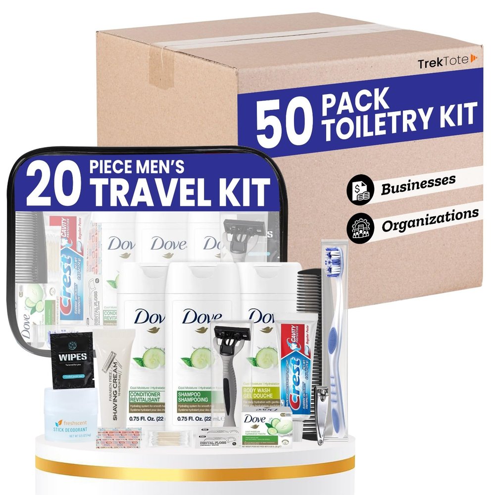 Trektote Bulk Hygiene Kit For Men And Women (50 Pack) 20 Piece Set Of Travel Size Toiletries, TSA Compliant, Bulk Travel Essentials, Includes Shampoo And Conditioner, Body Wash, Toiletry Bag & More