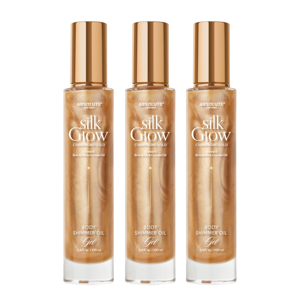 Absolute New York - Silk Glow Shimmer Mist Glow, Radiant, Shimmer Body & Face & Hair, Shea Butter, Coconut Oil, Vitamin E (SBGS05 Champagne Gold Oil Gek (Set of 3), 3.4 fl oz)