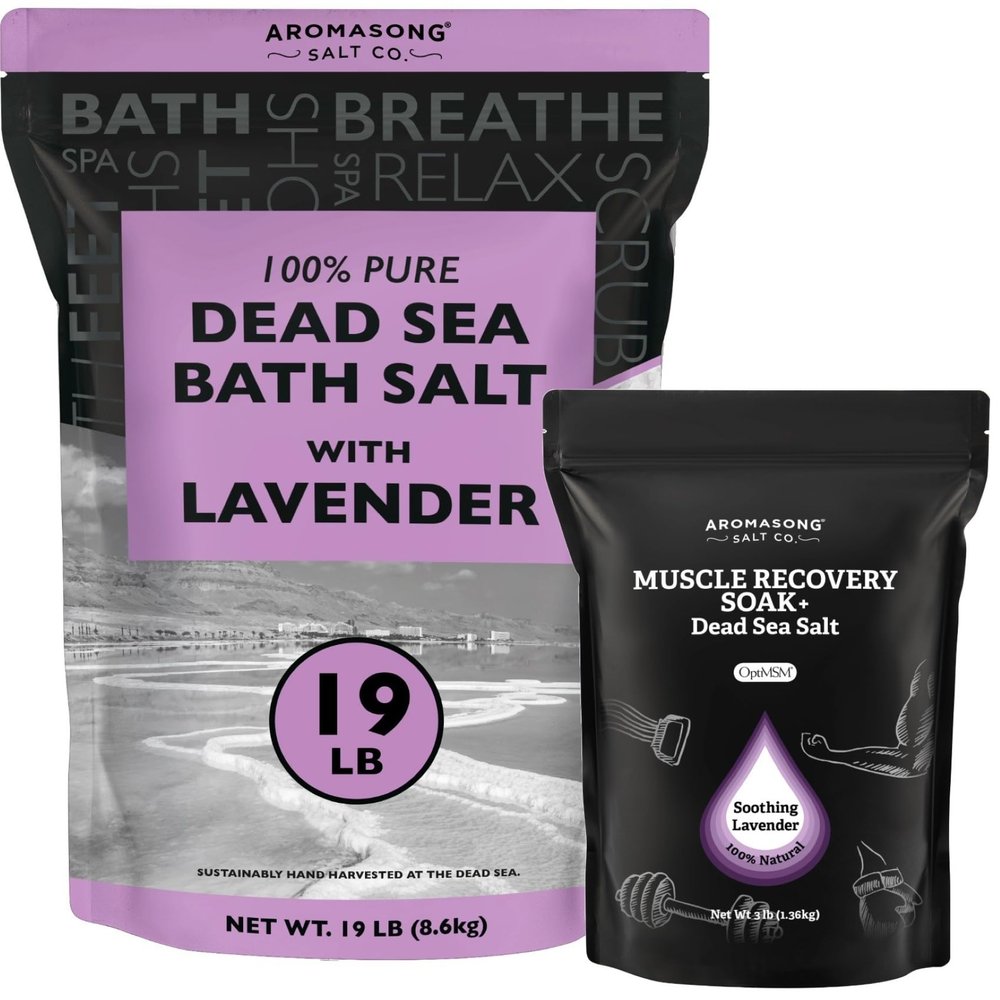 Aromasong 19lb Natural Lavender Dead Sea Salt + 3lb Aromasong Muscle Recovery Bath Soak Bundle  Ultimate Relaxation & Muscle Relief with Pure Minerals, Magnesium & OptiMSM