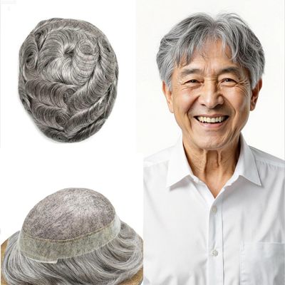 FACE MIRACLE Men's Toupee Hairpieces French Lace PU Poly Skin Human Hair Bleached Knots Natural Hairline Hand Tied Hair Replacement System for Men 7X10#1B80#1B Off Black+80% Grey