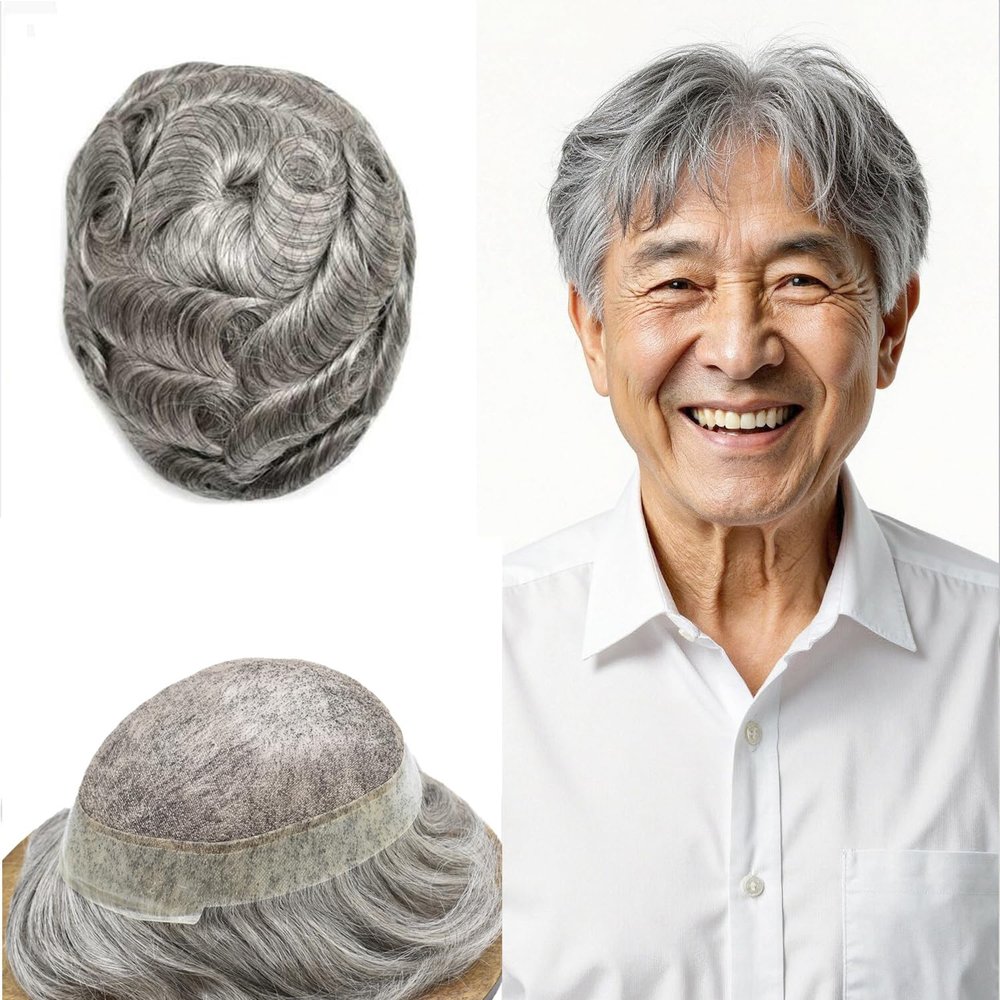 FACE MIRACLE Men's Toupee Hairpieces French Lace PU Poly Skin Human Hair Bleached Knots Natural Hairline Hand Tied Hair Replacement System for Men 7X10#1B80#1B Off Black+80% Grey