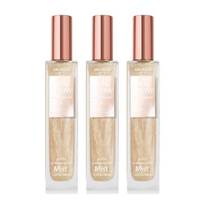 Absolute New York - Silk Glow Shimmer Mist Glow, Radiant, Shimmer Body & Face & Hair, Shea Butter, Coconut Oil, Vitamin E (SBGS03 Chanpagne Gold Mist (Set of 3), 3.4 fl oz)
