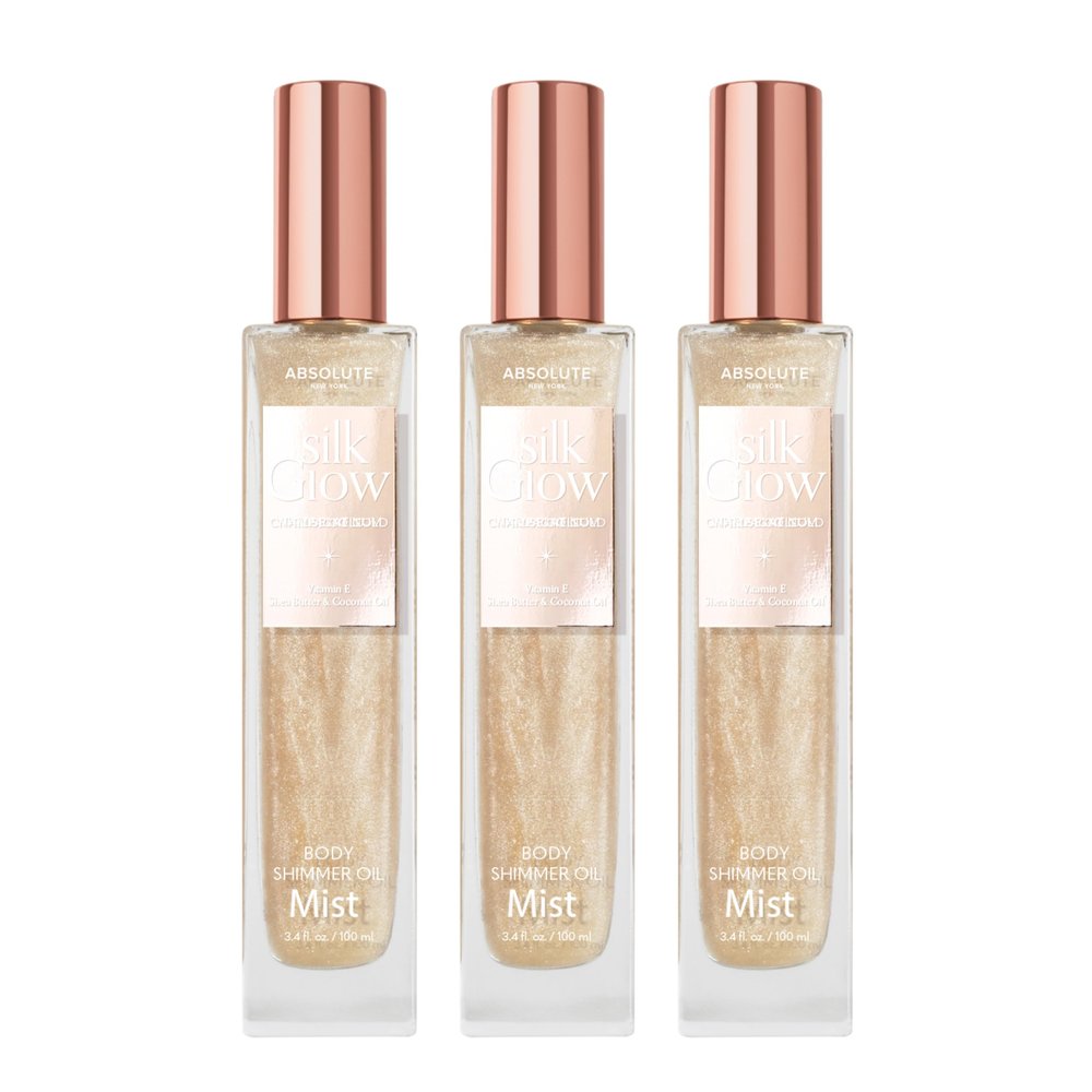 Absolute New York - Silk Glow Shimmer Mist Glow, Radiant, Shimmer Body & Face & Hair, Shea Butter, Coconut Oil, Vitamin E (SBGS03 Chanpagne Gold Mist (Set of 3), 3.4 fl oz)