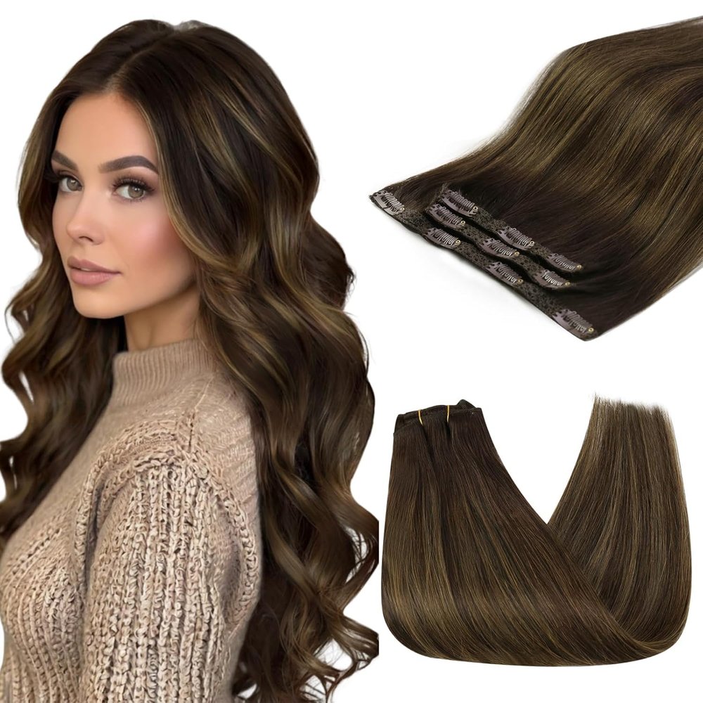 200g 14inch Dark Brown Balayage Hair Extensions Bundle Clip in Hair Extensions and Wire Hair Extension 2 Packs