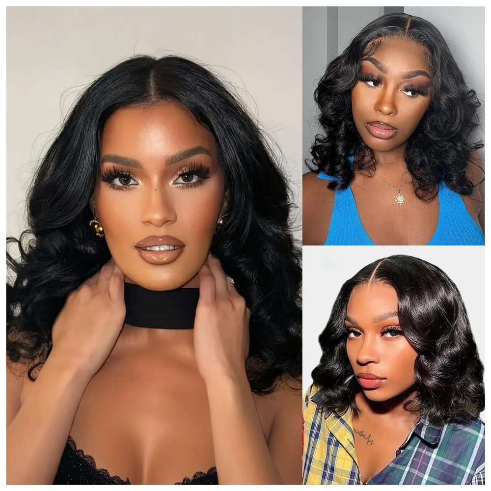 Loose Deep Wave Lace Front Bob Wigs 100% Human Hair Pre Plucked Pre Cut Body Wave 4x4 Transparent Lace Closure Wigs Wear and Go Glueless Wig for Black Women Body Wavy Curly Wig Natural Color 14 Inch
