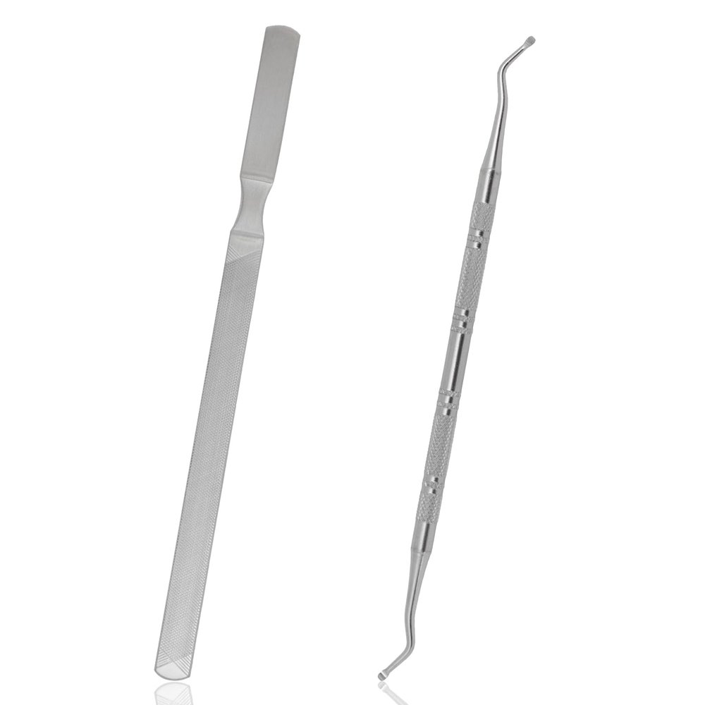 2 Pack Stainless Steel Nail File & Dual-Ended Nail Lifter Set, Heavy Duty Metal Emery Board for Thick Toenails, Manicure & Pedicure Grooming Tool for Men & Women (Silver)