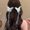 2pcs Butterfly Hair Clips with Crystal Beaded Tassels Long Fringe Hair Alligator Barrettes Wedding Hair Accessories, Pink Blue Green (Green) view 1