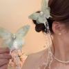2pcs Butterfly Hair Clips with Crystal Beaded Tassels Long Fringe Hair Alligator Barrettes Wedding Hair Accessories, Pink Blue Green (Green) view 2