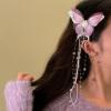 2pcs Butterfly Hair Clips with Crystal Beaded Tassels Long Fringe Hair Alligator Barrettes Wedding Hair Accessories, Pink Blue Green (Pink) view 3