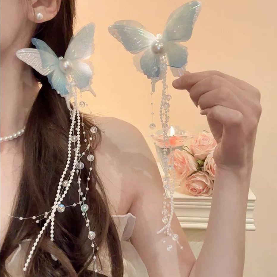 2pcs Butterfly Hair Clips with Crystal Beaded Tassels Long Fringe Hair Alligator Barrettes Wedding Hair Accessories, Pink Blue Green (Blue)