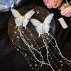 2pcs Butterfly Hair Clips with Crystal Beaded Tassels Long Fringe Hair Alligator Barrettes Wedding Hair Accessories, Pink Blue Green (Blue) view 3
