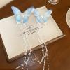 2pcs Butterfly Hair Clips with Crystal Beaded Tassels Long Fringe Hair Alligator Barrettes Wedding Hair Accessories, Pink Blue Green (Blue) view 4