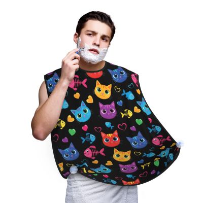 PPIKTC Adjustable Non-Stick Beard Apron, Hair Catcher Cape for Shaving Grooming, Waterproof with Suction Cups Men, Goth Cute Cat and Fish Shave Bib
