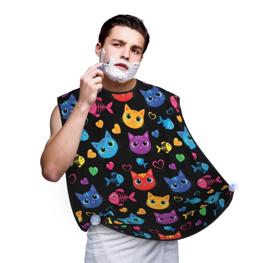PPIKTC Adjustable Non-Stick Beard Apron, Hair Catcher Cape for Shaving Grooming, Waterproof with Suction Cups Men, Goth Cute Cat and Fish Shave Bib