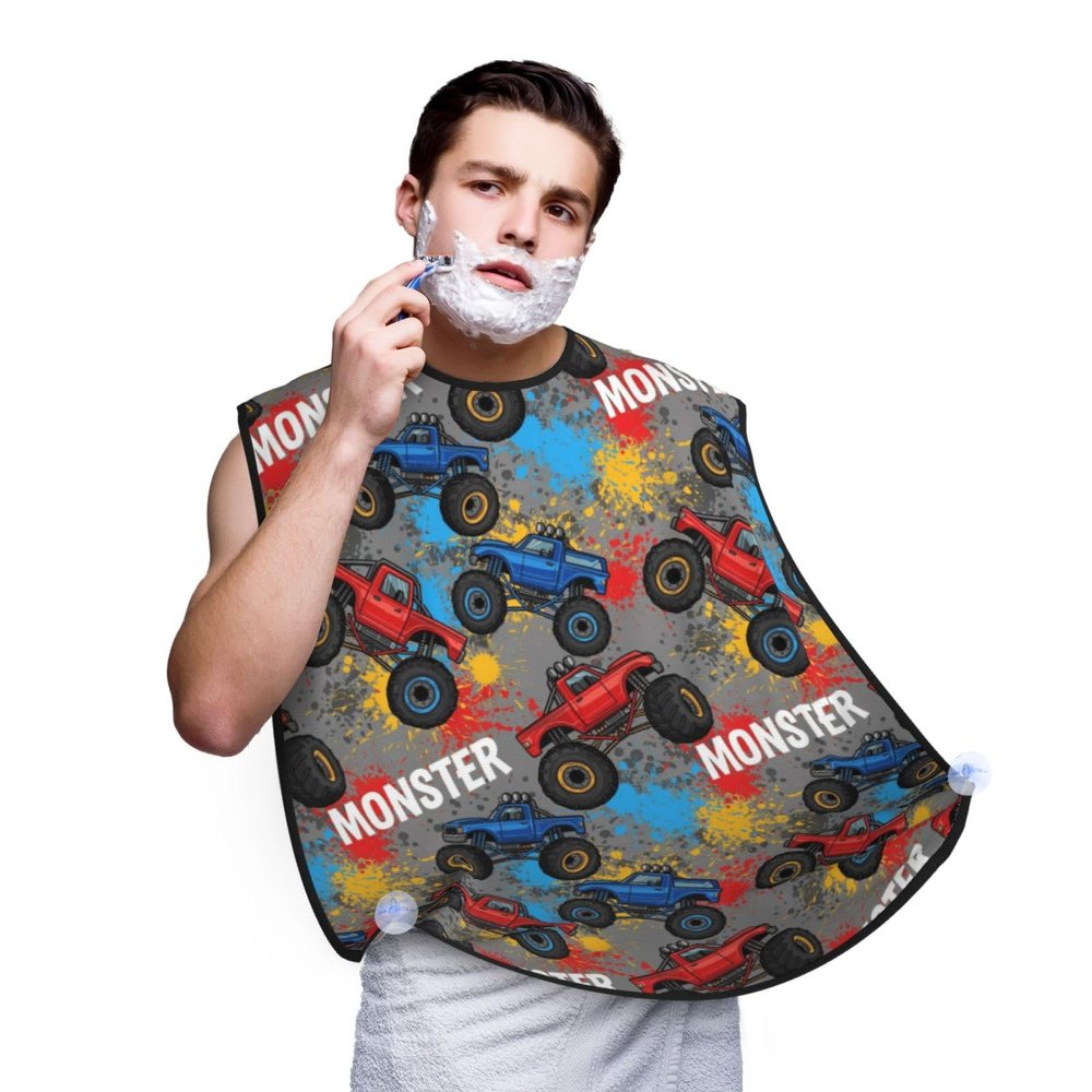 PPIKTC Beard Shaving Cape with Suction Cups, Grunge Monster Truck Car Art Shave Bib, Non-Stick Waterproof Hair Catcher, Grooming Bib for Men Husband