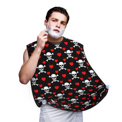 PPIKTC Adjustable Beard Catcher Apron, Black Red Love Heart Skull and Crossbones Shave Bib, Non-Stick Waterproof Grooming Bib, Shaving Essential for Men Dad Christmas