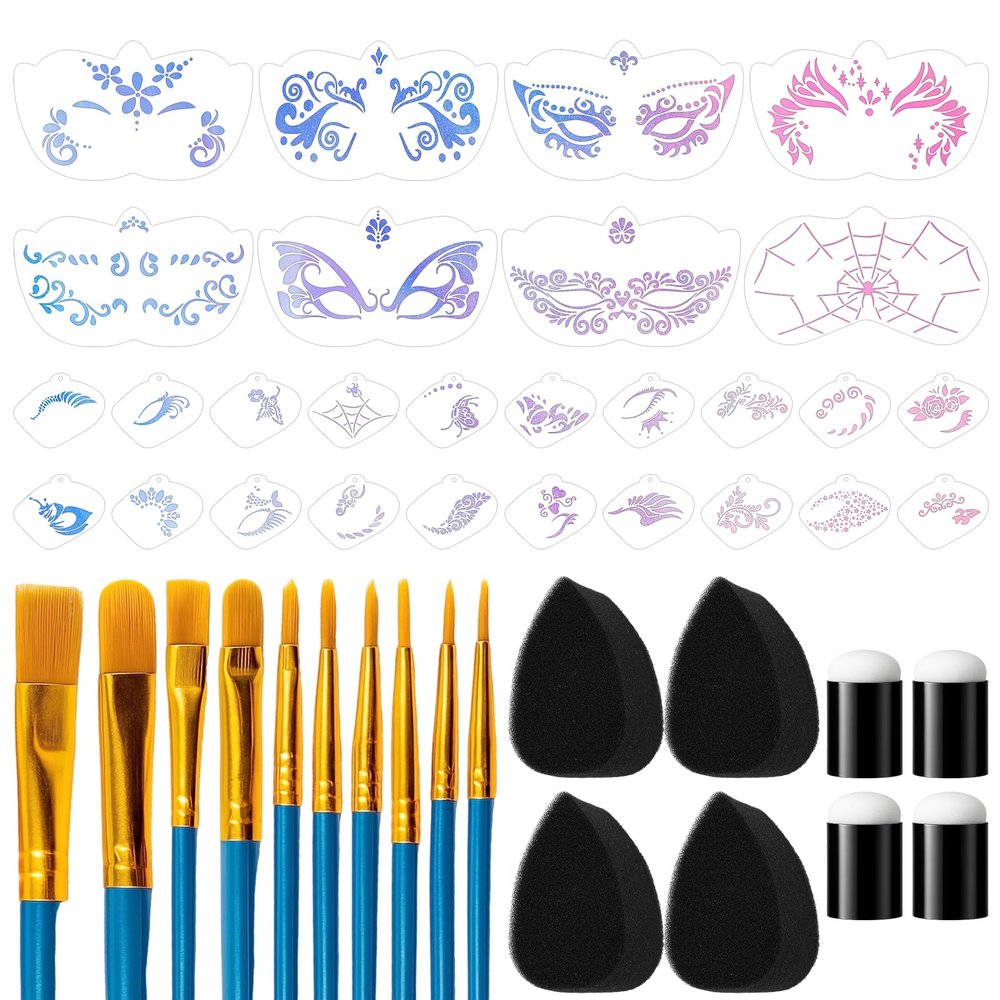 46 PCS Face Paint Stencil Kit - 28 Reusable Halloween Makeup Facial Painting Stencils with 10 Pcs Brushes, 4 PCS Finger Sponges Dauber, 4 PCS Face Paint Sponge, Body Paint Art Tattoo Template