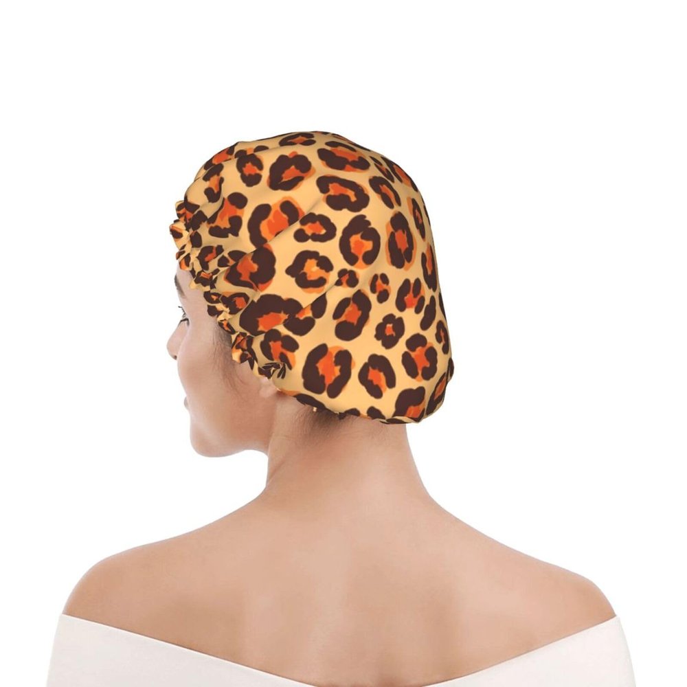 Women's Shower Cap Reusable, Animal Cheetah Leopard Print, Waterproof Double Layer Bathing Hat with Elastic Trim for Salon, Home, Travel & Hotel Stays