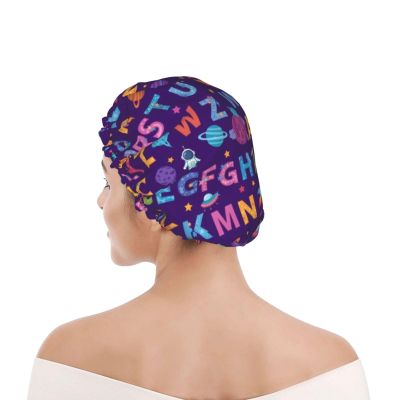 Elastic Shower Cap for Ladies, Cartoon Ufo Astronaut Rockets Purple Galaxy Stars Nebula Letters Space Alphabet, Thick Waterproof Reusable Bath Bonnet for Women, Perfect for Travel & Home Salon