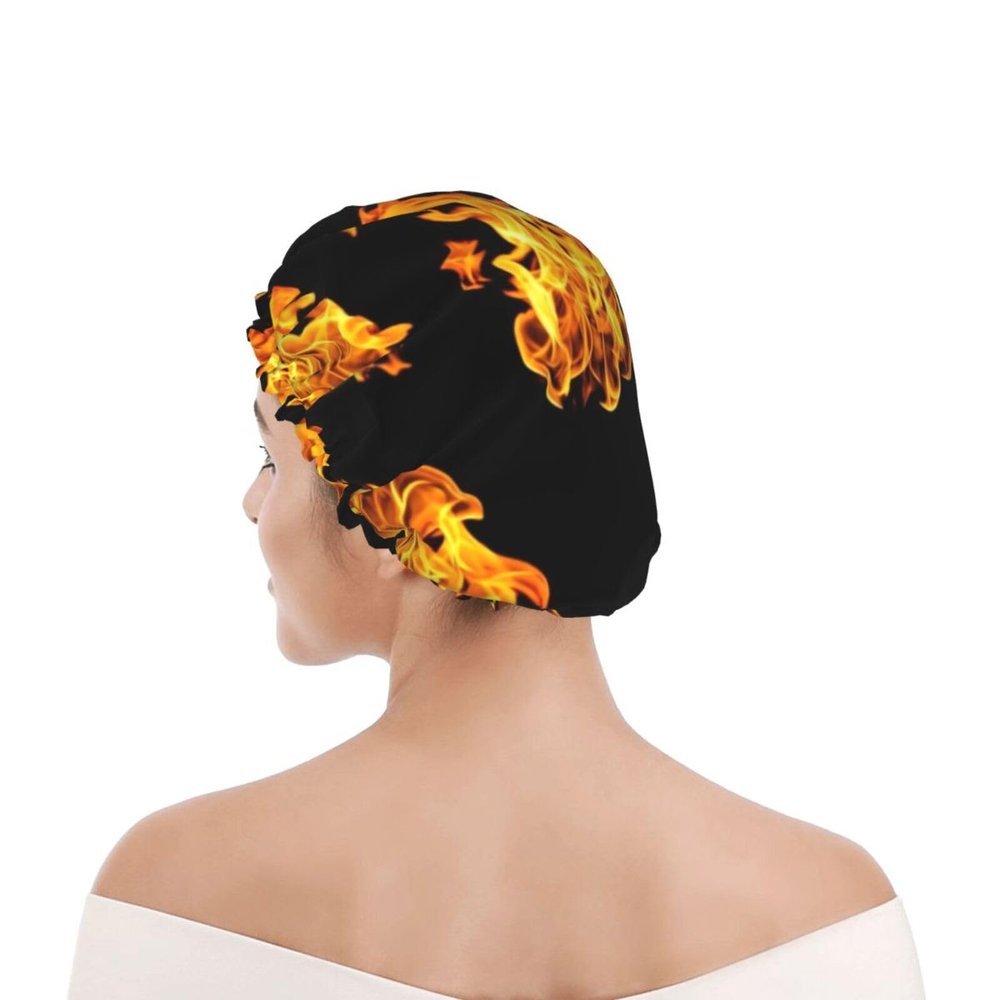 Thick Shower Cap for Women, Flame Fire, Reusable Waterproof Bath Hat with Double PEVA Layers for All Hair Lengths, Salon Grade