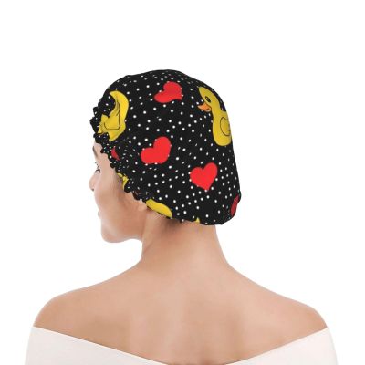Elasticized Shower Cap for Ladies, Black Red Love Hearts Polka Dots Yellow Rubber Ducks, Waterproof Reusable Bath Hair Cover with Double Layer, Fits All Head Sizes