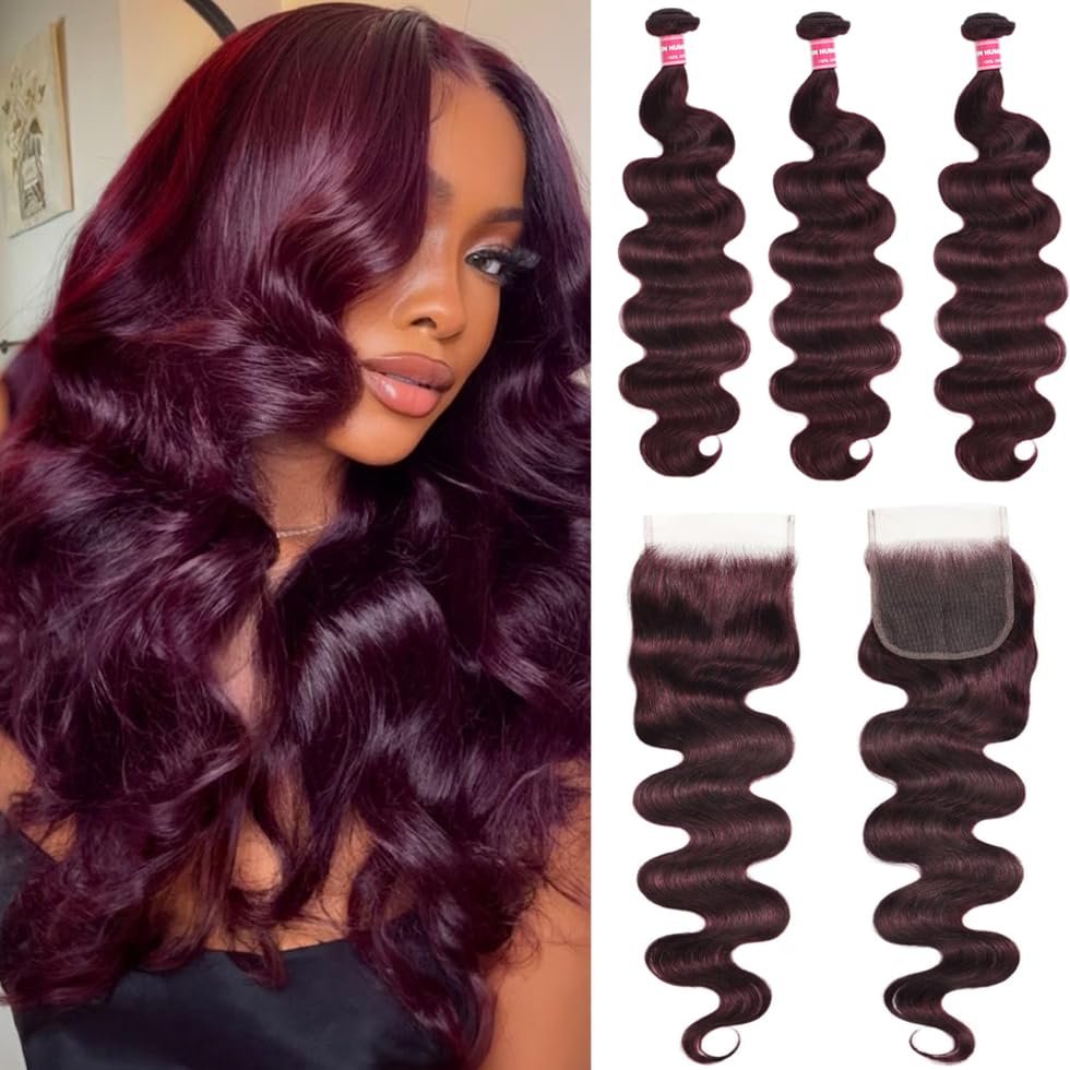 UNICE 12A Body Wave Human Hair Bundles with 4x4 Lace Closure 20 22 24+18 inch 100% Brazilian Virgin Hair Weave Extensions Tangling-Free Shedding-Free Ombre Black Cherry Color