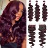 UNICE 12A Body Wave Human Hair Bundles with 4x4 Lace Closure 20 22 24+18 inch 100% Brazilian Virgin Hair Weave Extensions Tangling-Free Shedding-Free Ombre Black Cherry Color view 1