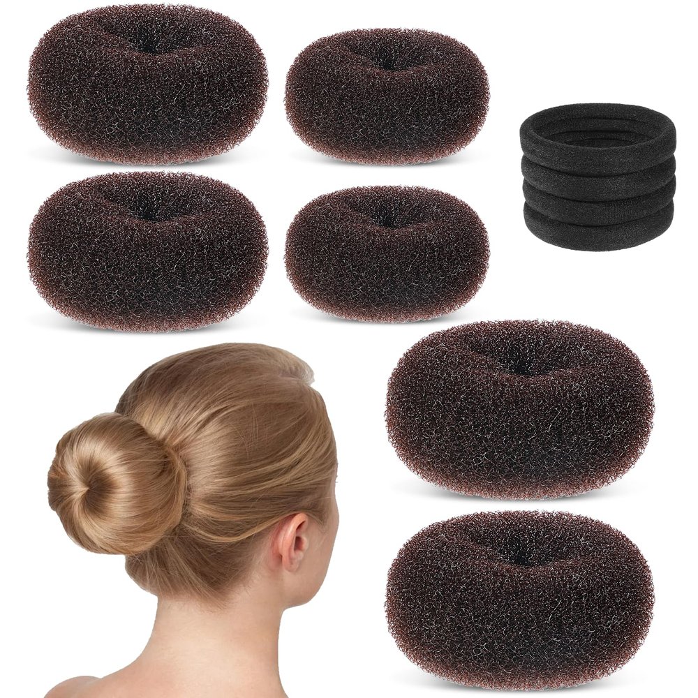 6 Pcs Donut Hair Bun Maker Set Sock Bun Doughnuts for Ballet Style Buns Hair Buns Shaper Set with Large Medium Hairs Accessories with 4 Elastic Bands for Ladies Women (Brown)