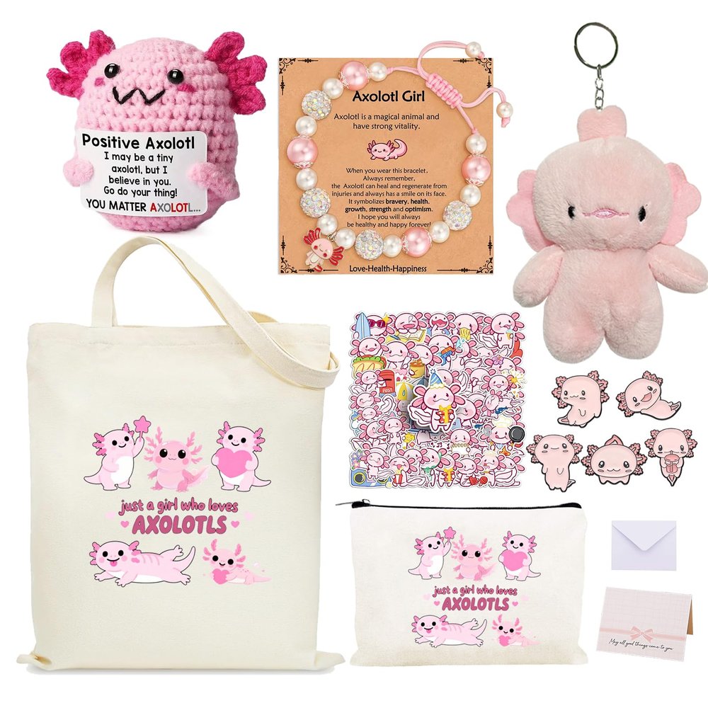 1ze1ziyo Axolotl Lover Gifts Include Canvas Bag Makeup Bag Keychain Stickers Bracelet Positive Crochet Axolotl Card for Daughter Granddaughter Sister Friends Birthday Christmas Gifts