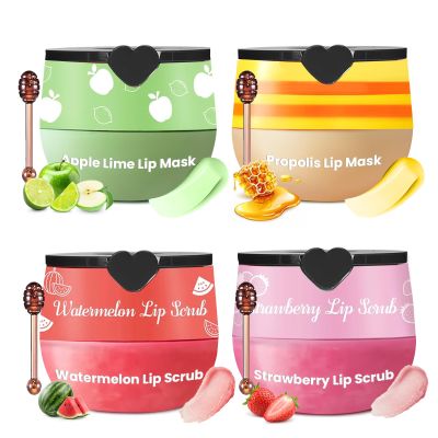 JUYANGYAN 4 PCS Lip Scrub and Mask Set, Strawberry Watermelon Lip Exfoliator Scrub, Moisturizing Lip Balm for Dry Lips, Reduce Lip Lines