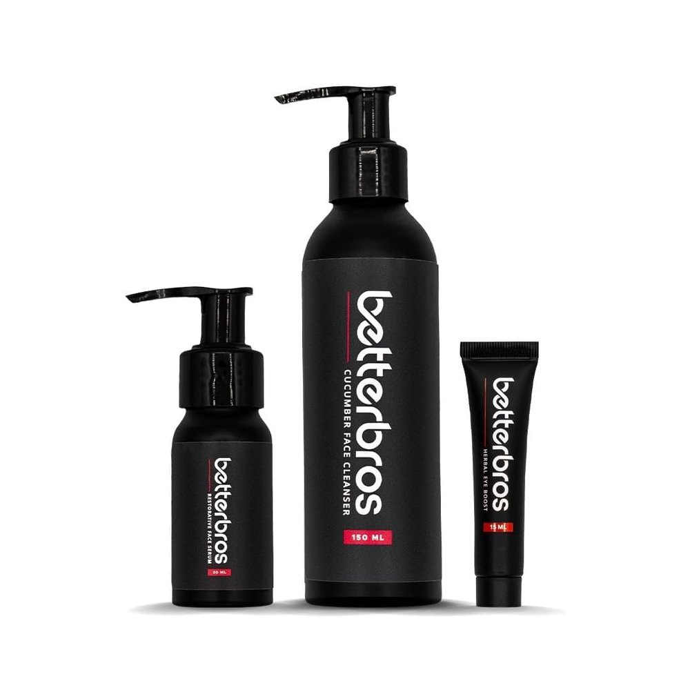BetterBros Essentials Skin Care System for Men - Cucumber Face Cleanser, Restorative Face Serum, Herbal Eye Boost