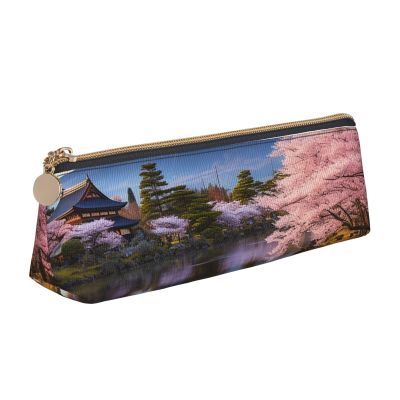 FZQVSLCM Pencil Case Leather Pen Bags Travel Makeup Bag Mount Fuji Cherry Blossom Trees Toiletry Bag Portable Cosmetic Bags Coin Purse