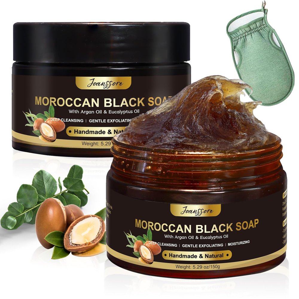 2 Pack Moroccan Black Soap Hammam, Morocco Body Scrub with Exfoliating Glove, Exfoliating Body Cleanser, Argan Oil & Eucalyptus Deep Cleansing, Softens Skin