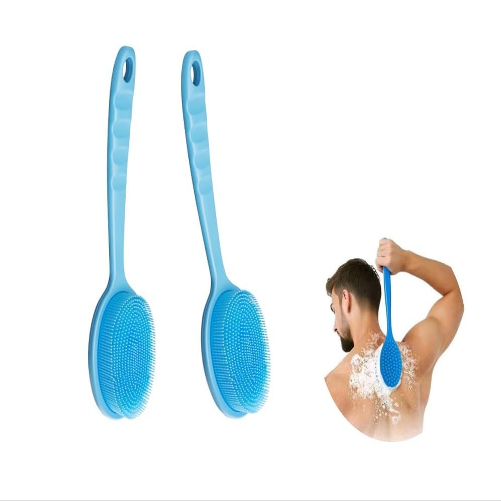 14.5inch Silicone Back Scrubber for Shower 2pcsBlue,Exfoliating Shower Brush,Double Sided for Exfoliating and MassageLong Handle Back Scrubber for Men and Women(2 Brushes)