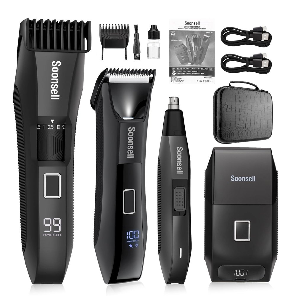 Soonsell Manscape Beard Trimmer for Men,IPX7 Waterproof 4 in 1 Men's Grooming Kit,Ball Shaver,Nose Hair Clippers,Electric Razor,Hair Clippers for Men,LED Display,Wet/Dry Trimmer