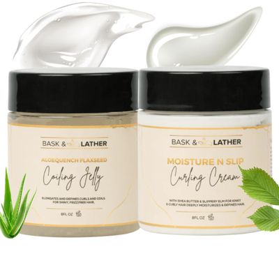 BASK & LATHER Curly Hair Kit for Coils & Curls  Curl Cream & Flaxseed Coiling Jelly Duo, Definition, Hydration & Shine, Natural, Paraben-Free, 8oz Each