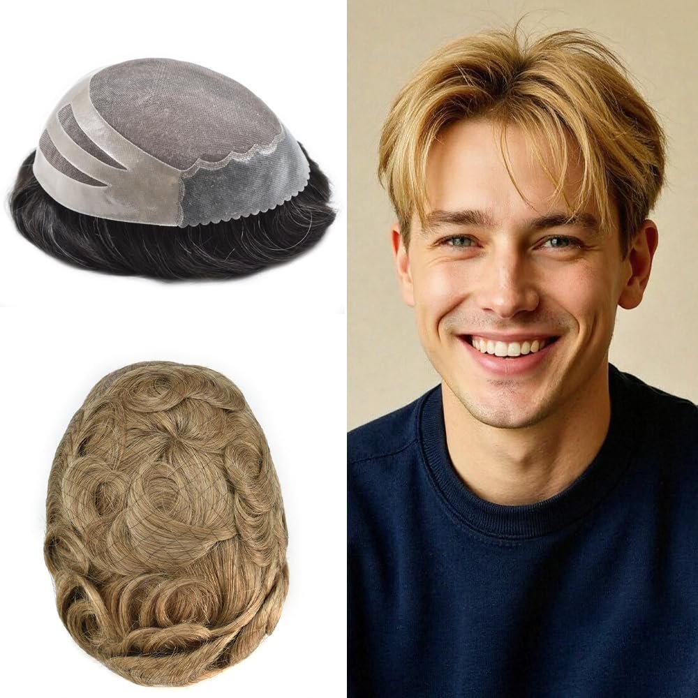 ApexToupees Hair Piece For Men Monofilament Mens Toupee Human Hair Replacement System Toupee For Men Durable Fine Mono Mens Hair Prosthesis 8X10 Medium light density 20# LIGHT ASH BLONDE