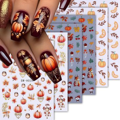 6 Sheets Autumn Maple Leaves Nail Art Stickers 3D Self-Adhesive Thanksgiving Day Nail Stickers Fall Leaf Mushroom Pumpkin Squirrel Nails Decals for Women Manicure Supplies