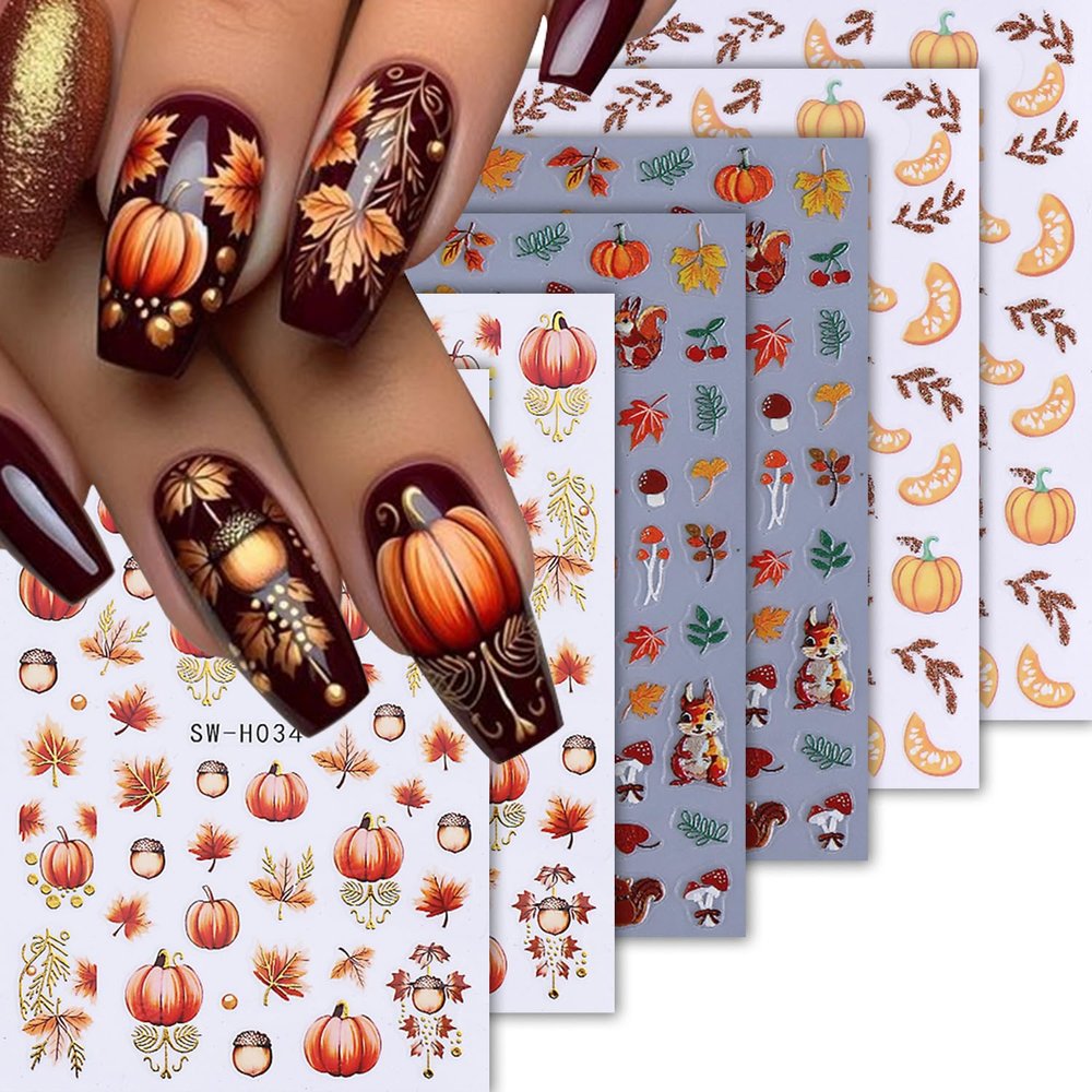 6 Sheets Autumn Maple Leaves Nail Art Stickers 3D Self-Adhesive Thanksgiving Day Nail Stickers Fall Leaf Mushroom Pumpkin Squirrel Nails Decals for Women Manicure Supplies