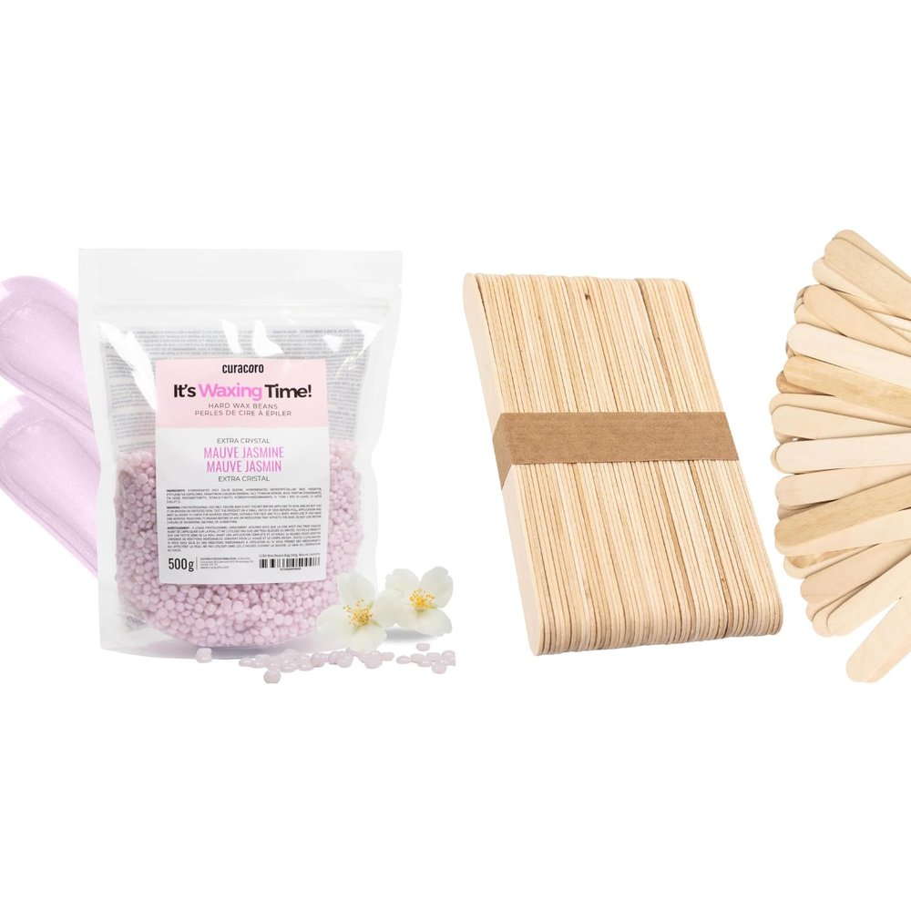 Curacoro Mauve Jasmine Wax Beads & Medium Waxing Sticks - Smooth Full Body Hair Removal & Precision Application for Face, Bikini & Sensitive Areas