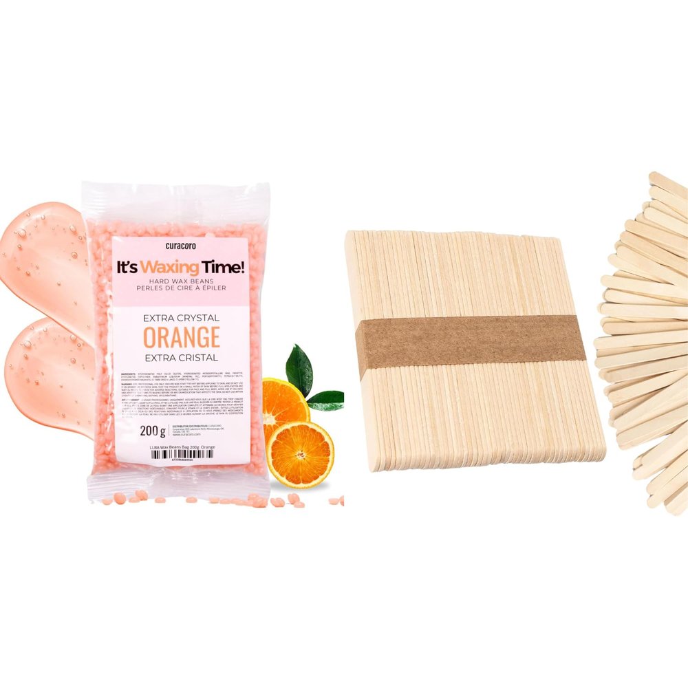 Curacoro Orange Wax Beads & Small Waxing Sticks - Smooth Full Body Hair Removal & Precision Application for Face, Bikini & Sensitive Areas