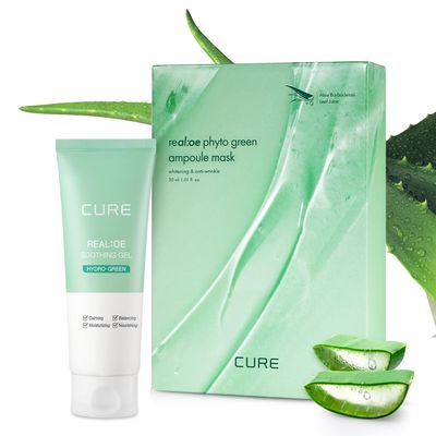 Cure Aloe Vera Gel with 90.52% Leaf Juice Bundle with Phyto Green Ampoule Sheet Mask Korean Skincare Duo