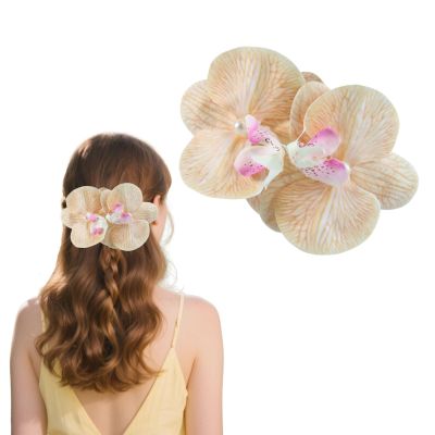 Artificial Phalaenopsis Orchid Hair Clip, Hawaiian Flower Barrette Multicolored, 5.11 x 3.54 inches, Beach Wedding Hair Accessories Bohemian Butterfly Orchid Floral Headwear for Women (Light orange)