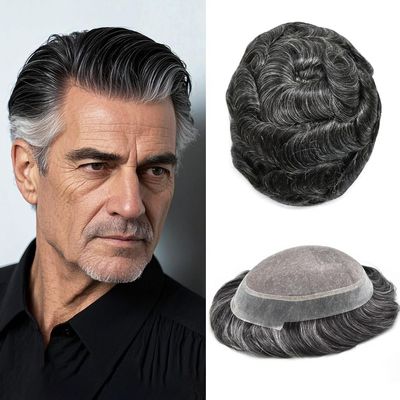 Fine Mono Mens Toupe Remy Human Hair System Clear Poly Skin Around Hairpiece Monofilament Wig Durable PU Hair Replacement 5''x7''120% Light Medium To Medium Density,#1B30 Natural Black With 30% Gray
