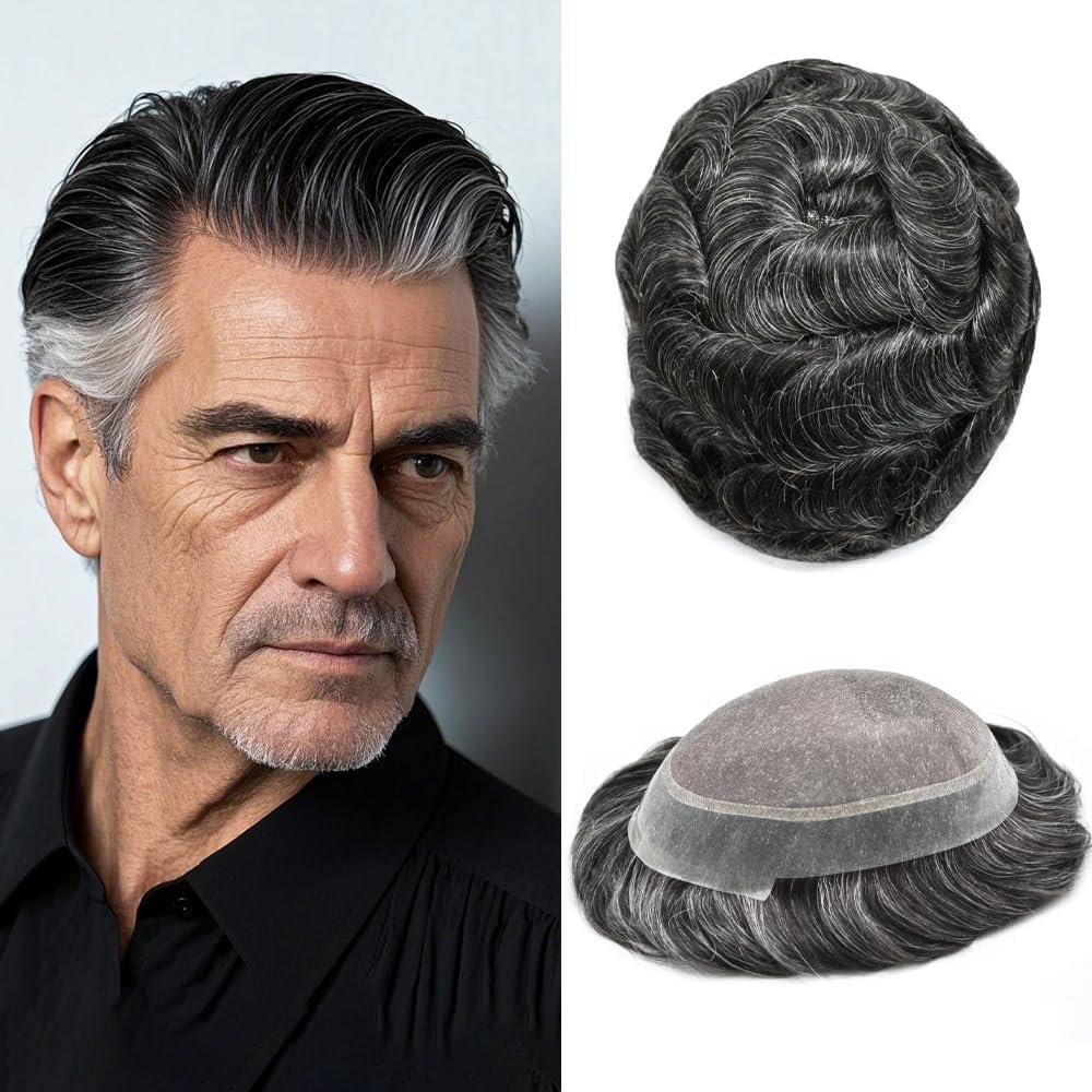 Fine Mono Mens Toupe Remy Human Hair System Clear Poly Skin Around Hairpiece Monofilament Wig Durable PU Hair Replacement 5''x7''120% Light Medium To Medium Density,#1B30 Natural Black With 30% Gray