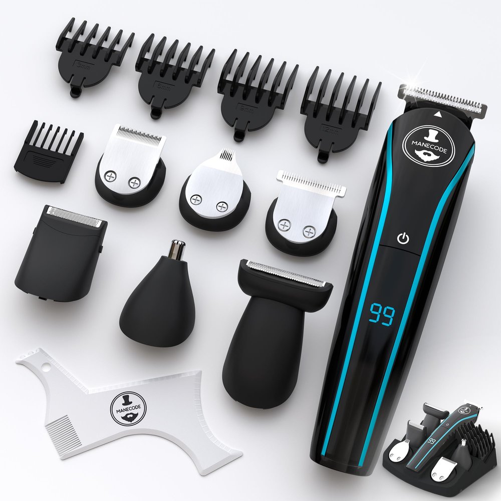 MANECODE 11-in-1 Beard & Hair Trimmer for Men  Self-Sharp Blades USB-C, Waterproof, LED Display Multi-Grooming Kit