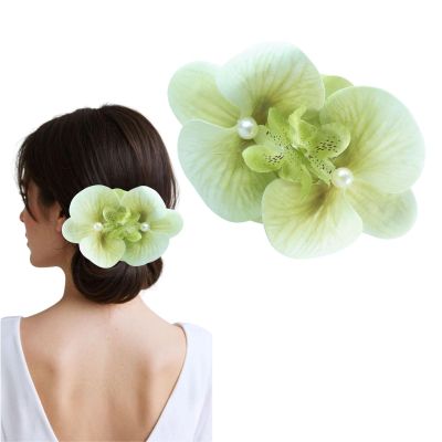 Artificial Phalaenopsis Orchid Hair Clip, Hawaiian Flower Barrette Multicolored, 5.11 x 3.54 inches, Beach Wedding Hair Accessories Bohemian Butterfly Orchid Floral Headwear for Women (Green)